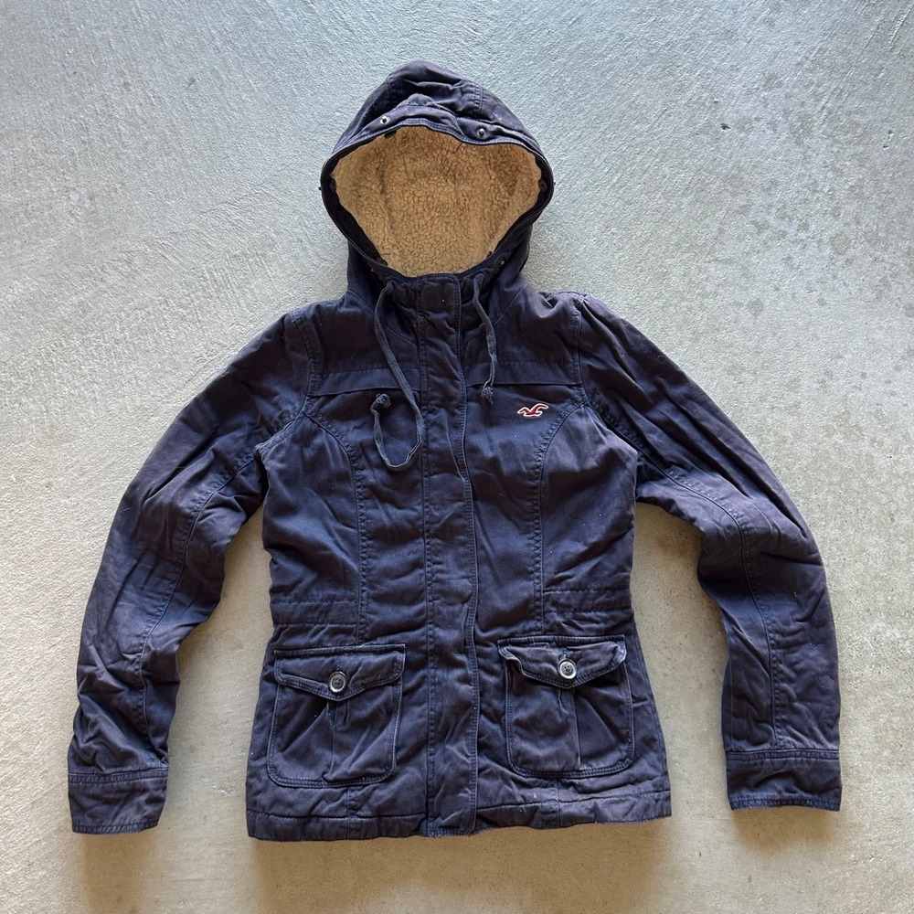 Vintage Hollister Parka Jacket Womens XS Navy Blue Full Zip Sherpa Lined
